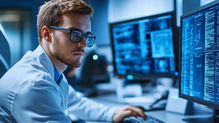 Focused professional in a lab coat and glasses intently working on complex data displayed on multiple monitors