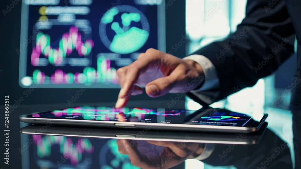 Poster businessman interacting with a tablet, analyzing financial charts and data displayed on a large scre
