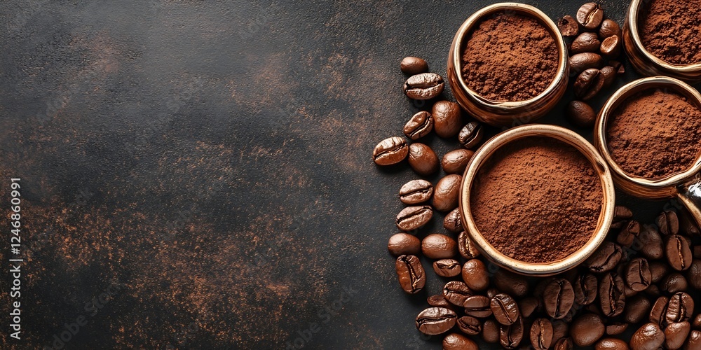 Poster Rich aromatic coffee with cocoa powder and beans on a rustic dark background : Generative AI