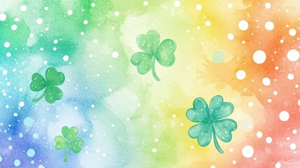 Vibrant watercolor rainbow background with green shamrocks and whimsical white dots