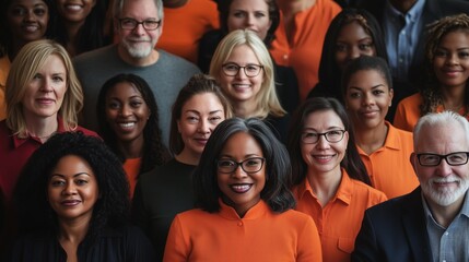 Fototapeta premium A diverse group of people smiling and wearing orange shirts creating a vibrant and inclusive atmosphere