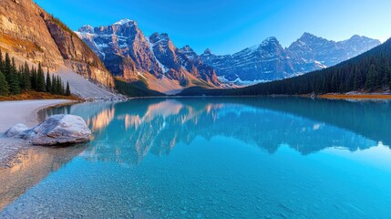 Mountain lake sunrise reflection, serene landscape, autumnal colors, travel photography