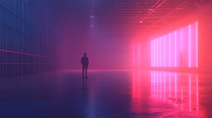 A lone figure in a neon-lit, foggy space.