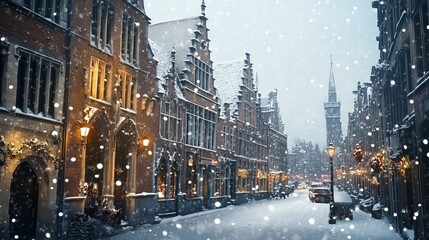 Fototapeta premium Snowy street in a historic town with snow covered buildings and festive lights creating a magical winter scene