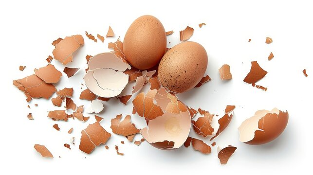 Fragments of fresh brown eggshell on a white background  cracked and broken pieces displayed