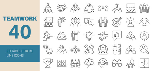 Teamwork Line Editable Icons set. Vector illustration for web and mobile app. Business related icons: cooperation, meeting, partnership, work group, collaboration, support, corporation, and more.