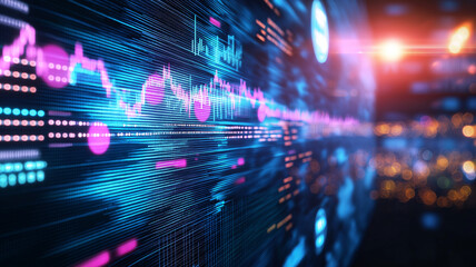 Digital trading chart with colorful graphs and data visualization, showcasing market trends and fluctuations in modern financial environment