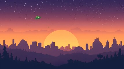 A flat vector cartoon of an alien cityscape at dusk

