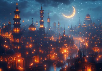 Nighttime cityscape with glowing minarets and crescent moon reflected on waterway

