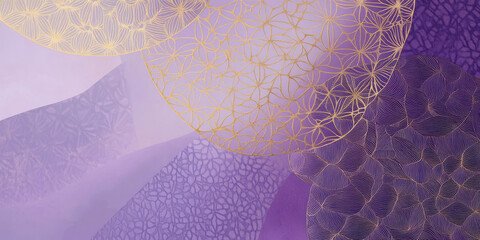 A lilac abstract background with intricate gold geometric patterns overlaying a gradient of lavender and deep violet, adding a touch of elegance and sophistication.