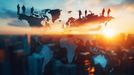 world map silhouette with business people standing on continents, symbolizing global connections and collaboration. sunset creates vibrant backdrop, enhancing scene emotional impact