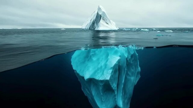  An iceberg with a small visible tip above water and a massive hidden portion beneath, symbolizing hidden risks and dangers, representing climate change and unseen environmental threats