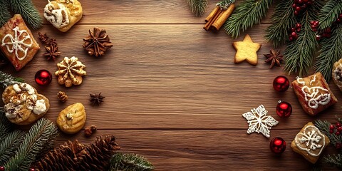 Christmas Themed Wooden Surface with Pastries Pine Branches and Festive Ornaments : Generative AI