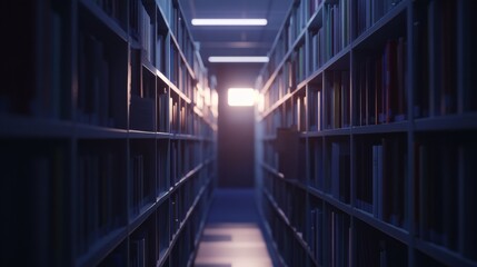 A quiet library aisle filled with books.