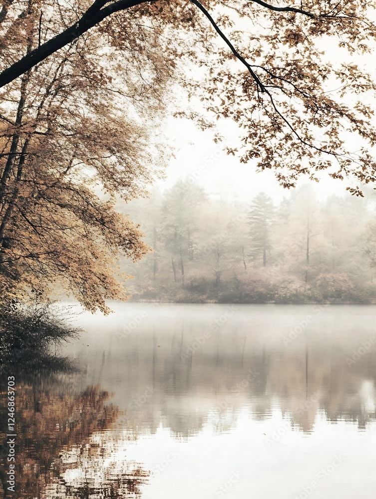 Poster Serene Autumn Lake Scene with Mist and Reflected Trees in a Forest Setting : Generative AI