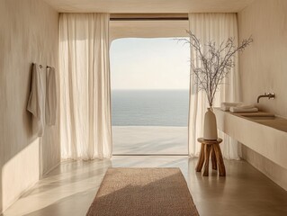 A bathroom with a window and a vase of flowers