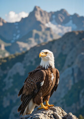 Fototapeta premium Bald eagle perched majestically on cliff, symbol of strength