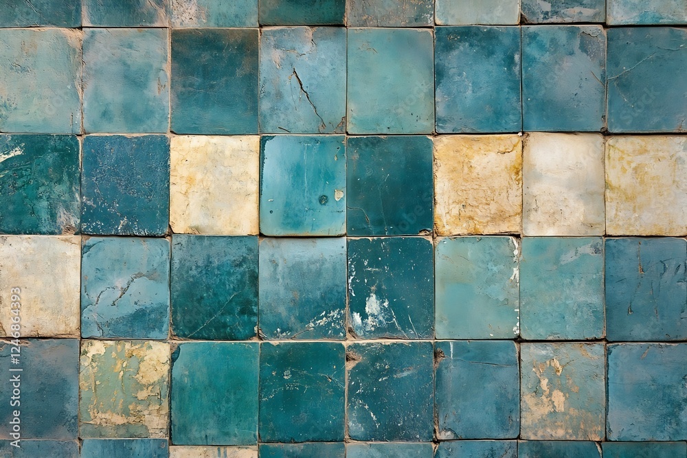 Poster vintage blue and yellow tile pattern with weathered stone texture : generative ai