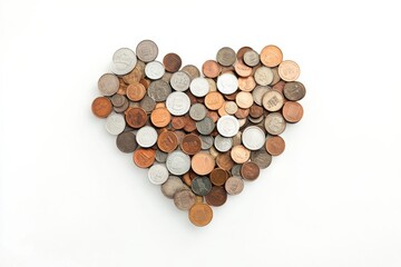 Heart-shaped arrangement of assorted coins for a romantic gesture on Valentines Day