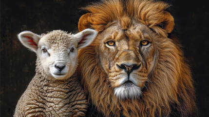 Fototapeta premium Majestic lion and gentle lamb stand together, showcasing harmony and strength. Their contrasting features evoke sense of peace and unity
