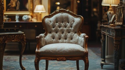 An elegant chair with a horsehair cushion displayed in a luxurious antique showroom