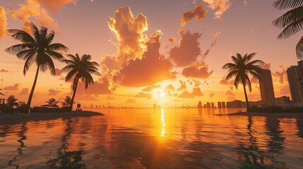 sunset at the beach, close up of a beach with palms
