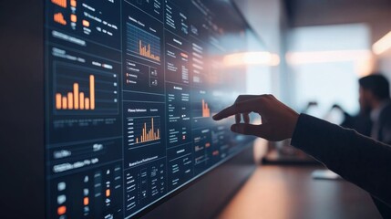 A person interacts with a data dashboard displaying graphs and statistics, showcasing analytics in a tech-driven environment.