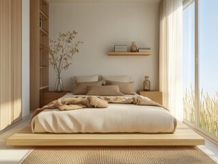 A bed with a white comforter and pillows