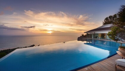 Sunset reflections over a serene infinity pool with vibrant colors of summer sky
