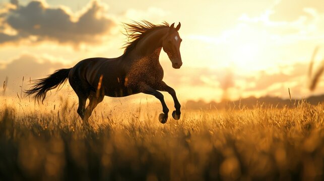 A majestic horse running freely through a grassy field under a golden sunset