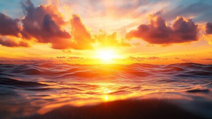 Obraz premium stunning sunset over ocean, with vibrant colors reflecting on waves and dramatic clouds in sky, creating serene and peaceful atmosphere