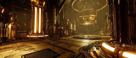 Futuristic gold factory interior; glowing pipes, machinery. Sci-fi background; game asset