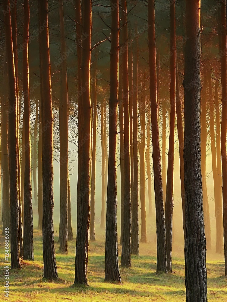 Poster majestic pine forest in golden sunlight creating an inviting and serene outdoor environment : genera