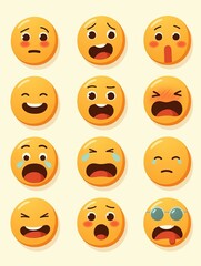 Fototapeta premium Set of yellow emoticons expressing various emotions on a light background