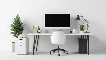 Minimalistic modern office desk setup with a computer and chair with clean design on a white background.