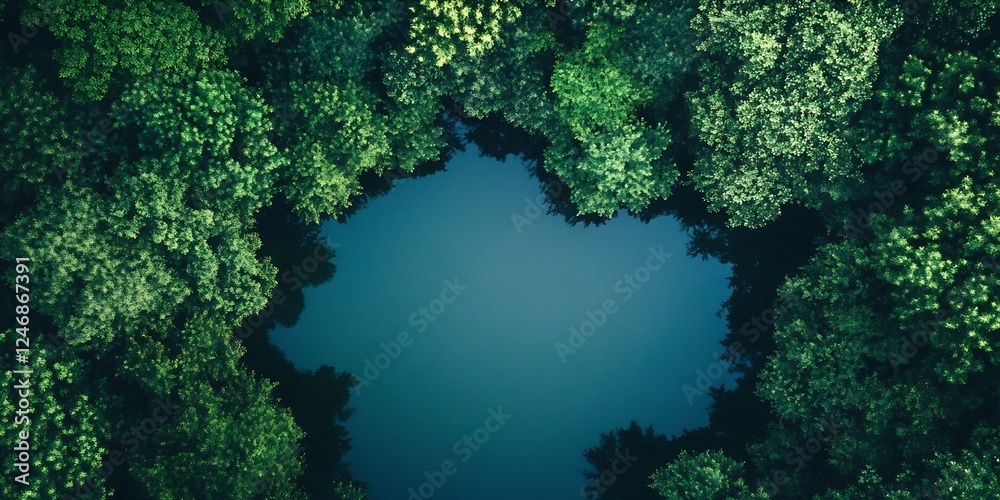 Poster dense green forest encircles a calm blue lake as viewed from above in natural harmony : generative a