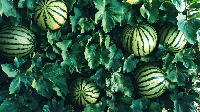 Striped Watermelons Among Lush Green Leaves
