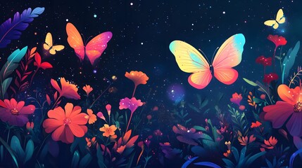 Beautiful, glowing butterflies with colorful flowers against a dark background
