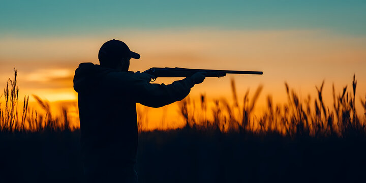 Hunter Silhouette Against Sunset, Hunting Enthusiast Artwork, Scenic Outdoor Photography, Rustic Nature Scene, Wild Adventure Capture