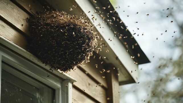 A hornetâ€™s nest hanging from the eaves of a house, with the insects buzzing around actively