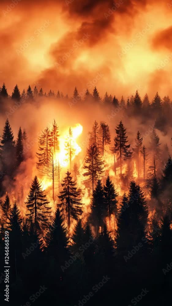 Poster intense wildfire rapidly spreading through a dense coniferous forest, engulfing trees in flames and 