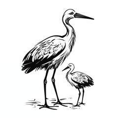 Fototapeta premium Stork with his baby bird, side view, icon, black and white sketch on a white background, picture, image for printing on a T-shirt, signboard, no people