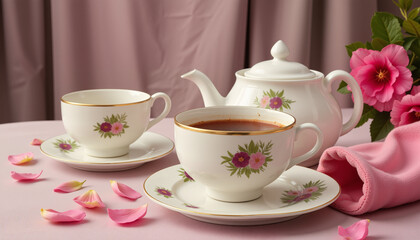 Fototapeta premium Elegant tea set surrounded by delicate petals, beauty in simplicity