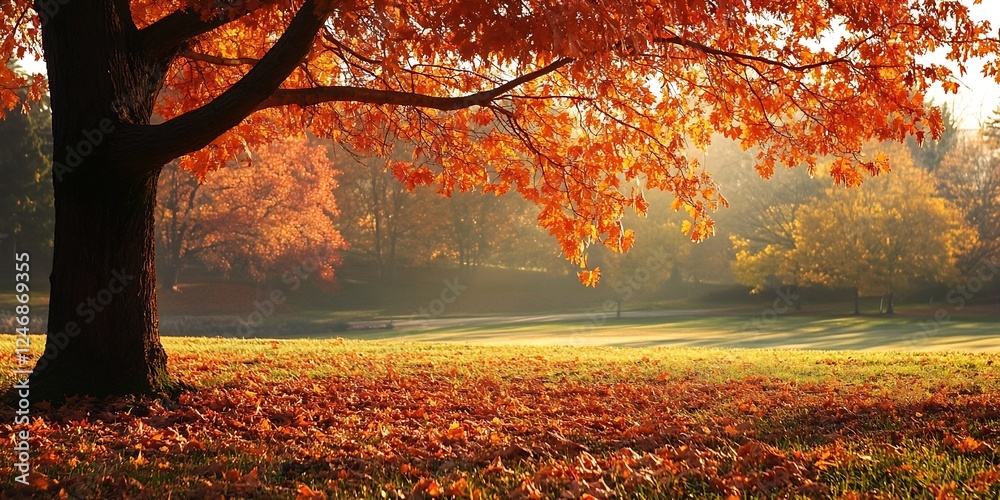 Poster autumnal park scene with golden fall leaves and sunlight filtering through trees : generative ai