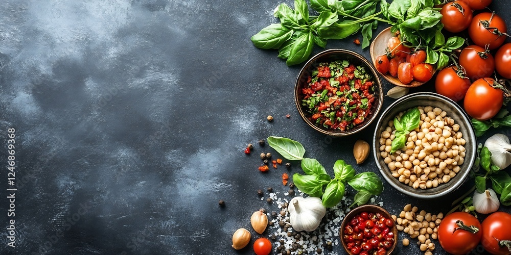 Poster vibrant mediterranean ingredients with fresh vegetables and spices on rustic slate background : gene
