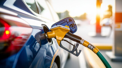 Close up of car refueling at gas station, showcasing fuel nozzle and vibrant colors of setting sun. scene captures essence of everyday life and convenience