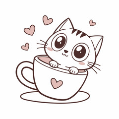 Cute Cat in Coffee Cup Vector Design Illustration
