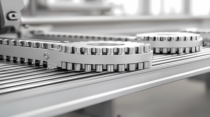 Close-up of a metallic conveyor belt system featuring interlocking chains, showcasing precision engineering in an industrial setting.