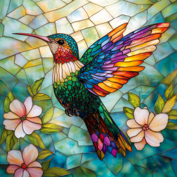 A vibrant stained glass artwork featuring a beautifully detailed hummingbird in flight, surrounded by delicate flowers and a luminous mosaic background