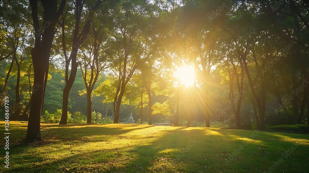 Poster sunlight shining through trees in a green forest park : generative ai